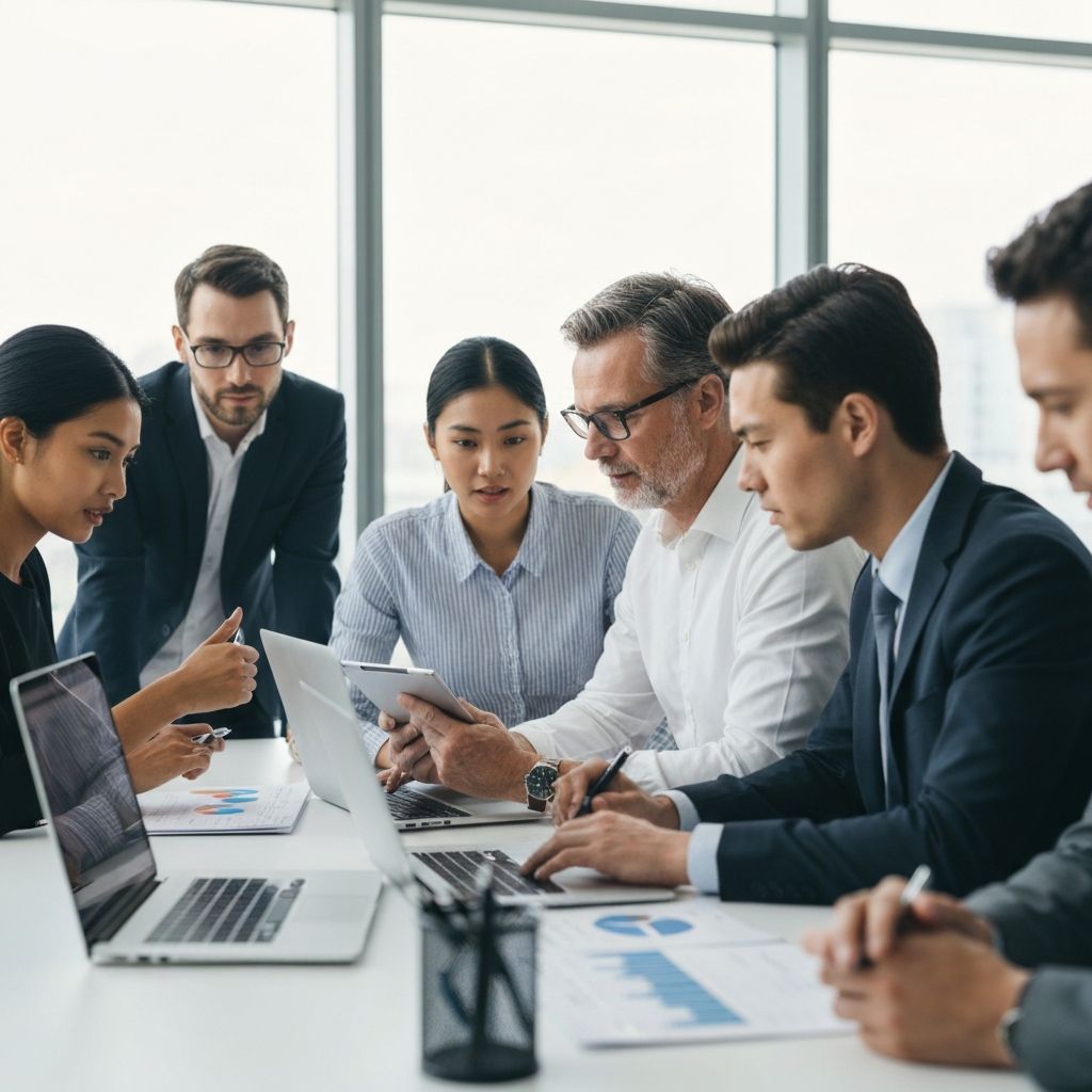 Equipo de analistas financieros trabajando en la implementación de sistemas para e-commerce