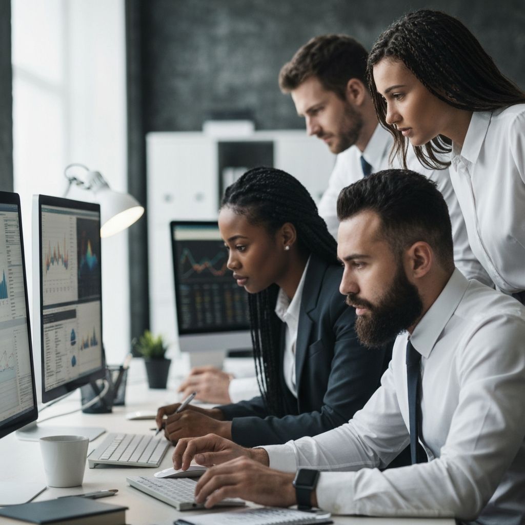 Equipo analizando datos financieros en pantallas
